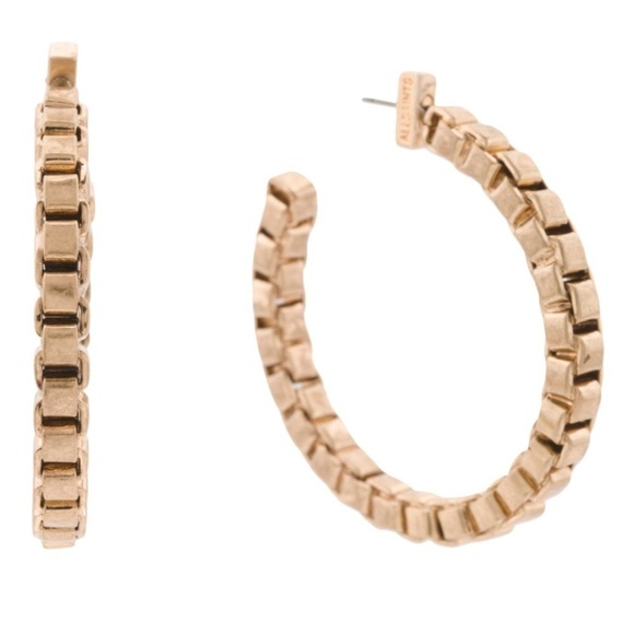 AllSaints Large Frozen Box Chain Hoops Gold Tone Earrings Womens Jewelry New - Picture 1 of 4